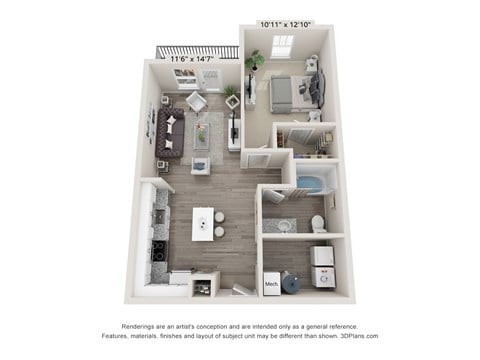 Floor plan for 1 bed, 1 bath, 756 sqft